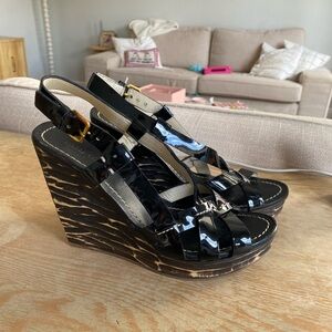 Miu Miu Patent Leather Wood Wedge Heel Sandals